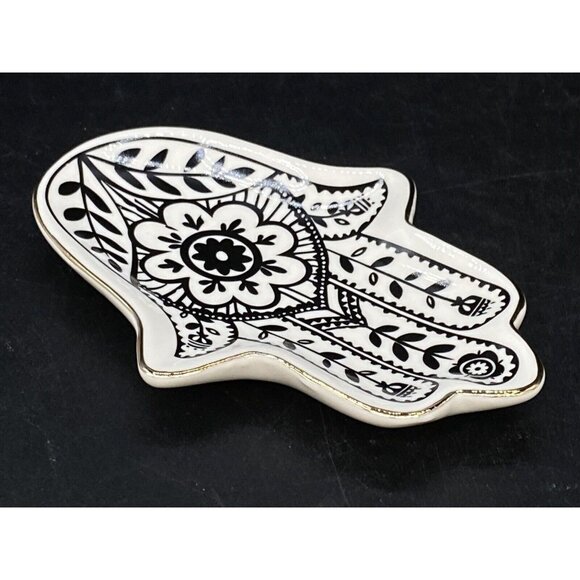 Hamsa Fatima Hand Trinket Dish Natural Life Black White Flower Design 4.5” - Picture 3 of 6
